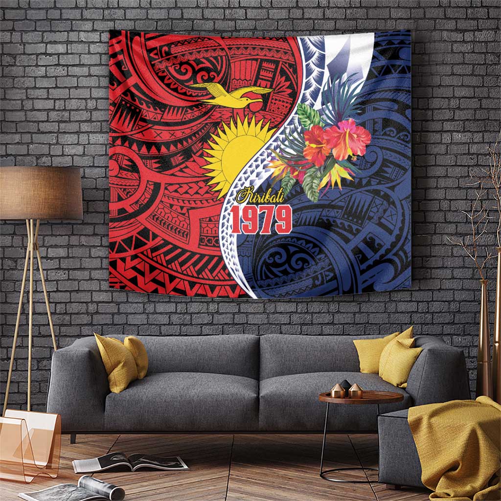 Flag of Kiribati Polynesian Pattern Tapestry Est 1979 With Tropical Flowers