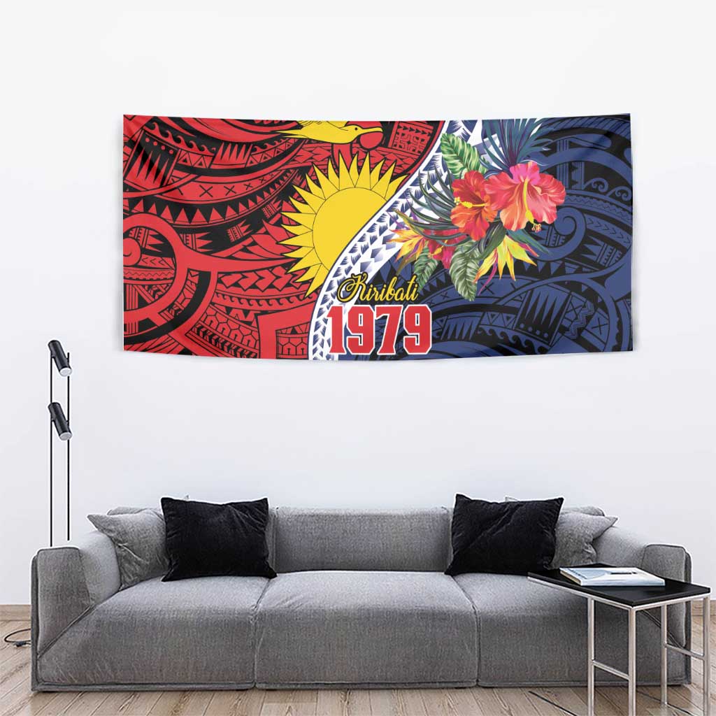 Flag of Kiribati Polynesian Pattern Tapestry Est 1979 With Tropical Flowers