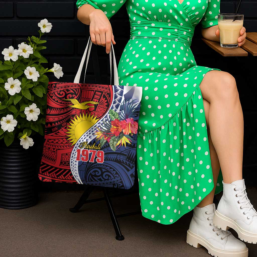 Flag of Kiribati Polynesian Pattern Tote Bag Est 1979 With Tropical Flowers - Polynesian Pride