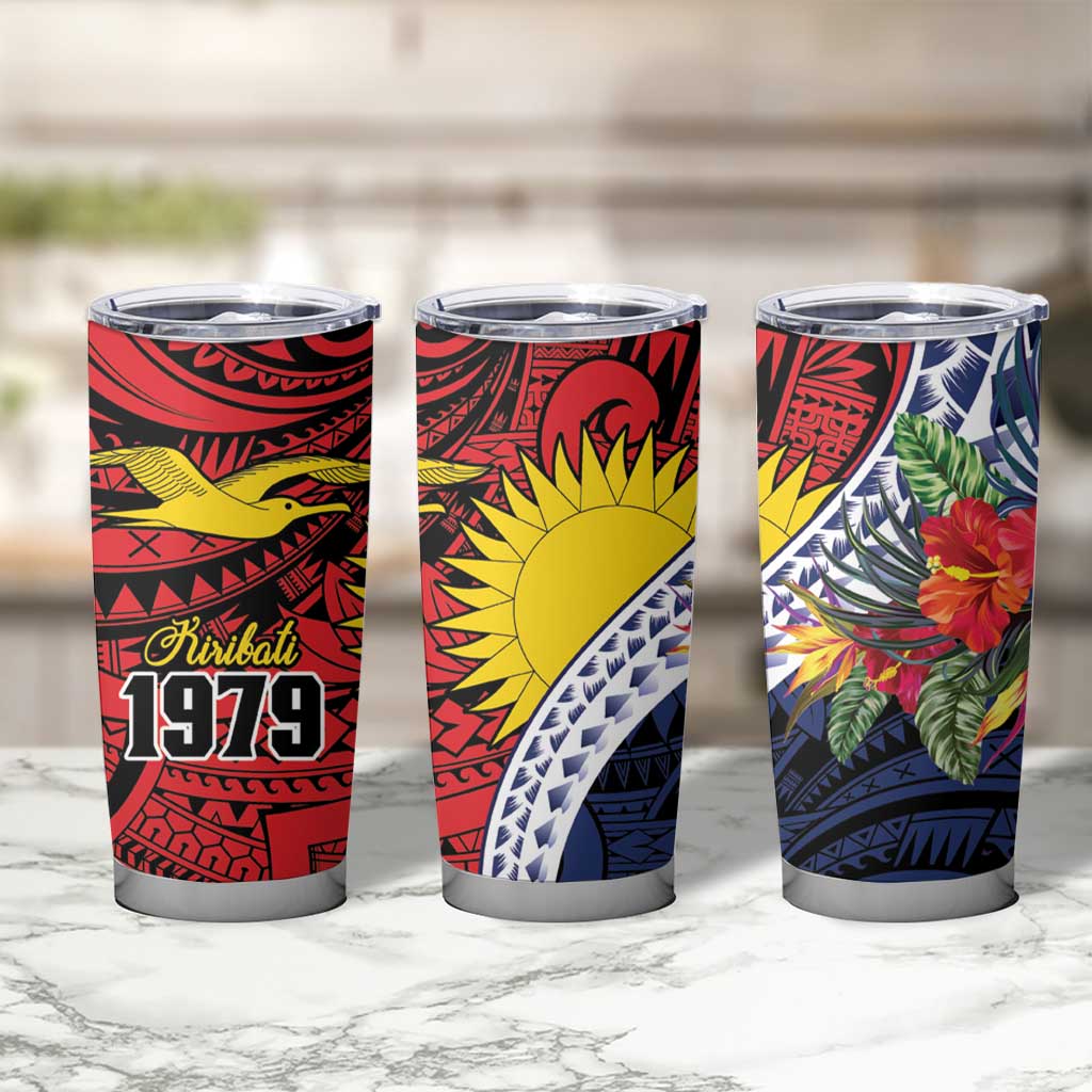 Flag of Kiribati Polynesian Pattern Tumbler Cup Est 1979 With Tropical Flowers