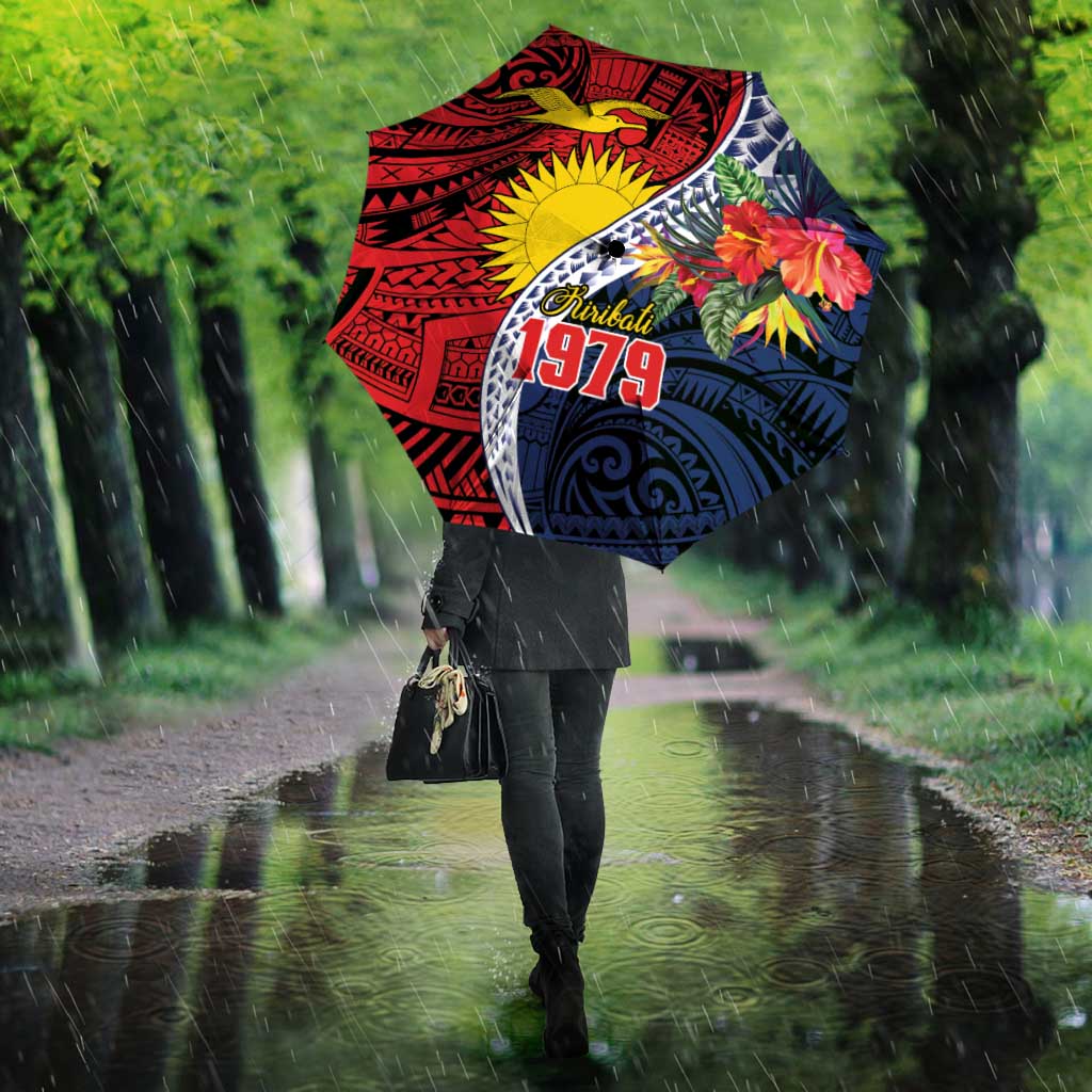 Flag of Kiribati Polynesian Pattern Umbrella Est 1979 With Tropical Flowers - Polynesian Pride