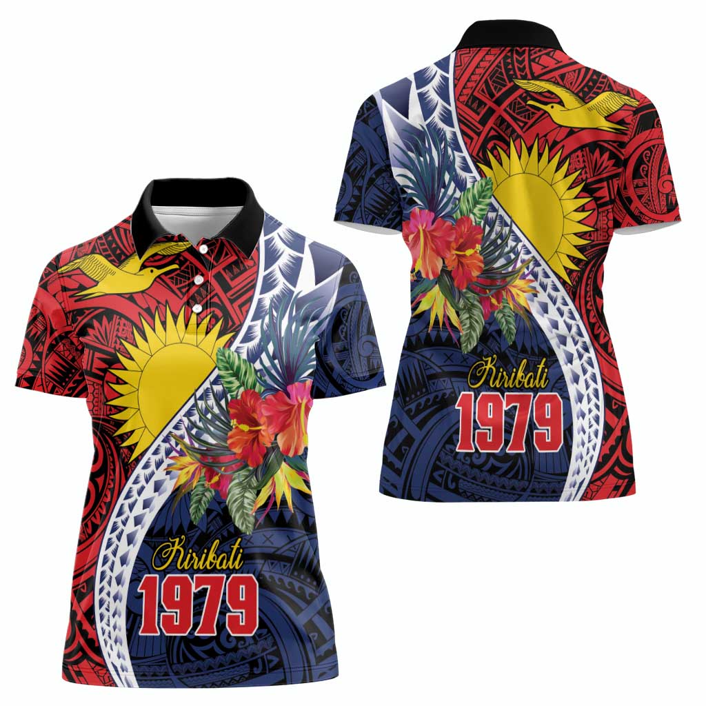 Flag of Kiribati Polynesian Pattern Women Polo Shirt Est 1979 With Tropical Flowers