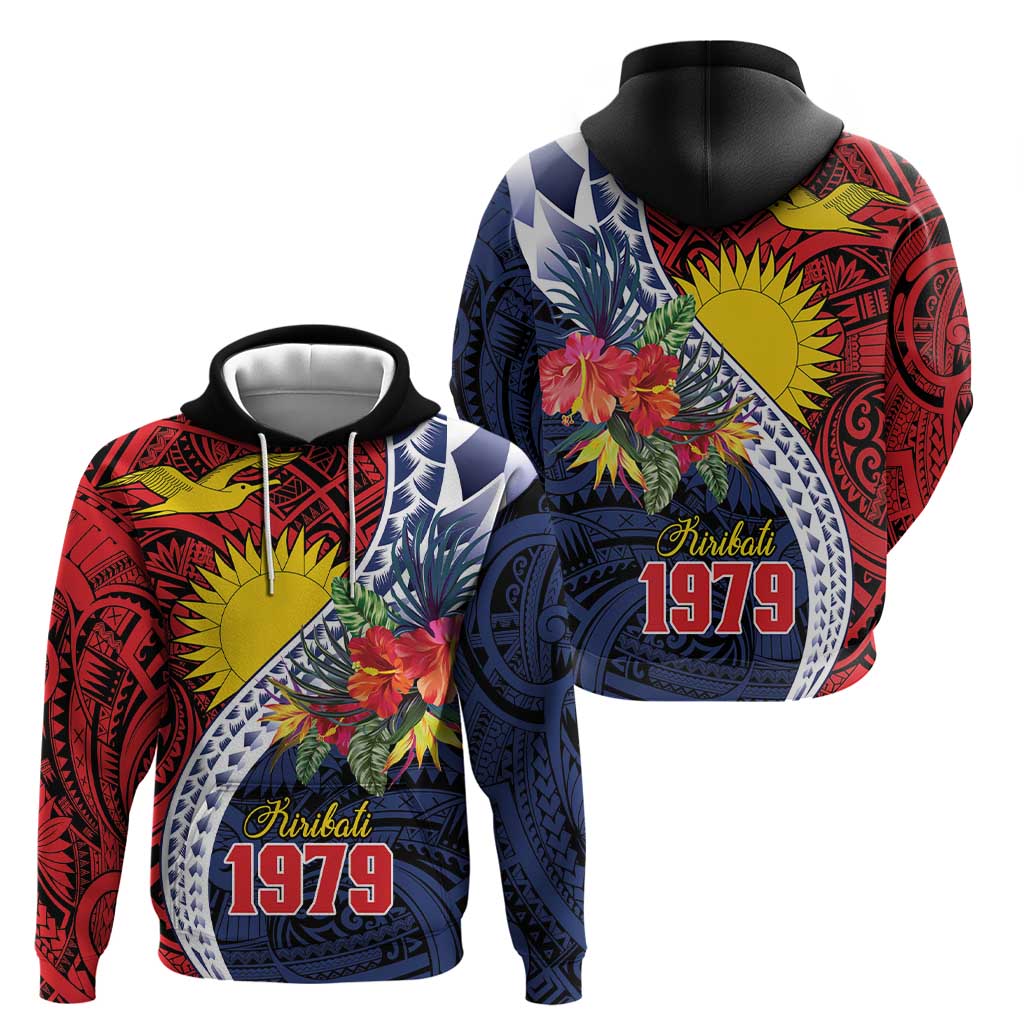Flag of Kiribati Polynesian Pattern Zip Hoodie Est 1979 With Tropical Flowers