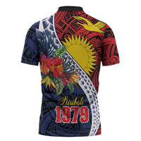 Flag of Kiribati Polynesian Pattern Zipper Polo Shirt Est 1979 With Tropical Flowers - Polynesian Pride