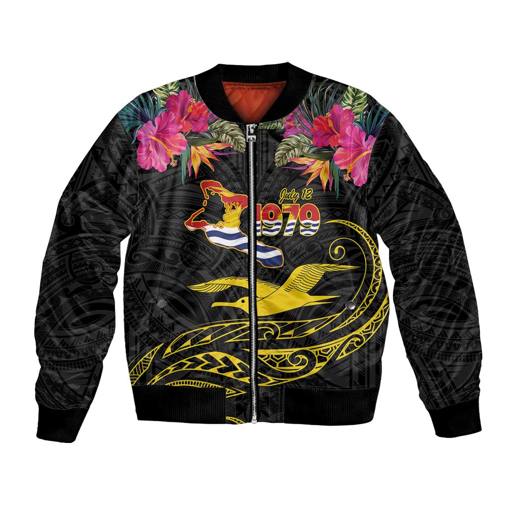 Kiribati Independence Day Personalised Bomber Jacket Gold Frigatebird with Polynesian Pattern