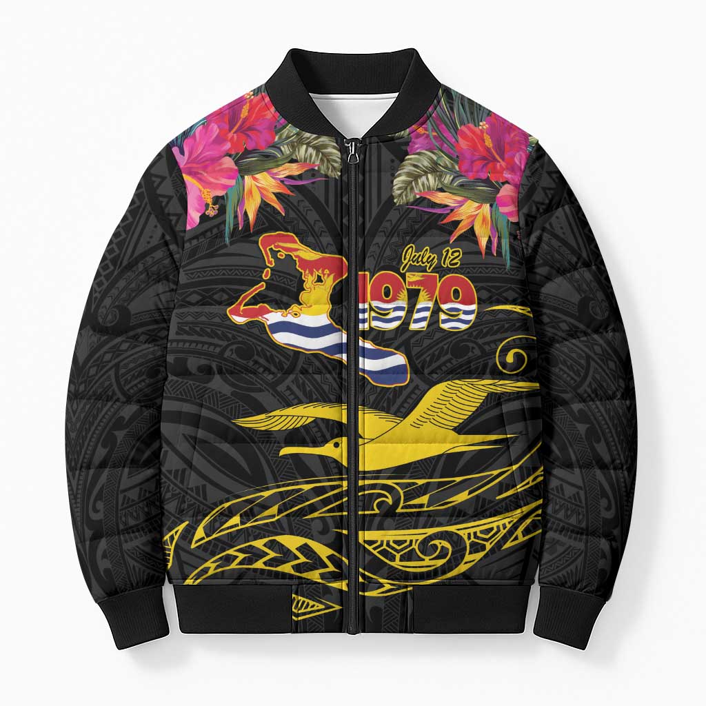 Kiribati Independence Day Personalised Bomber Puffer Jacket Gold Frigatebird with Polynesian Pattern - Polynesian Pride