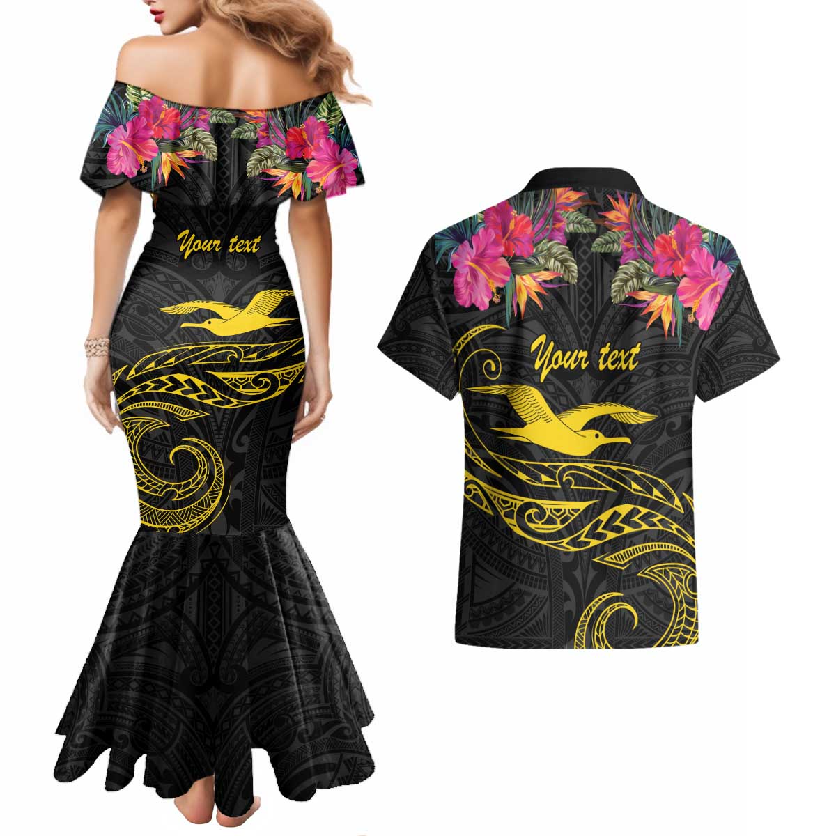 Kiribati Independence Day Personalised Couples Matching Mermaid Dress and Hawaiian Shirt Gold Frigatebird with Polynesian Pattern