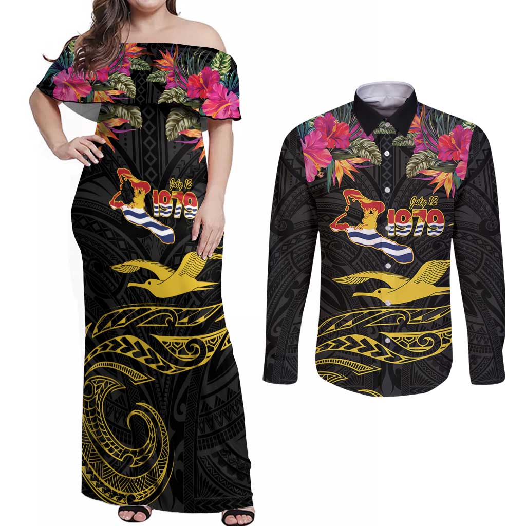 Kiribati Independence Day Personalised Couples Matching Off Shoulder Maxi Dress and Long Sleeve Button Shirt Gold Frigatebird with Polynesian Pattern