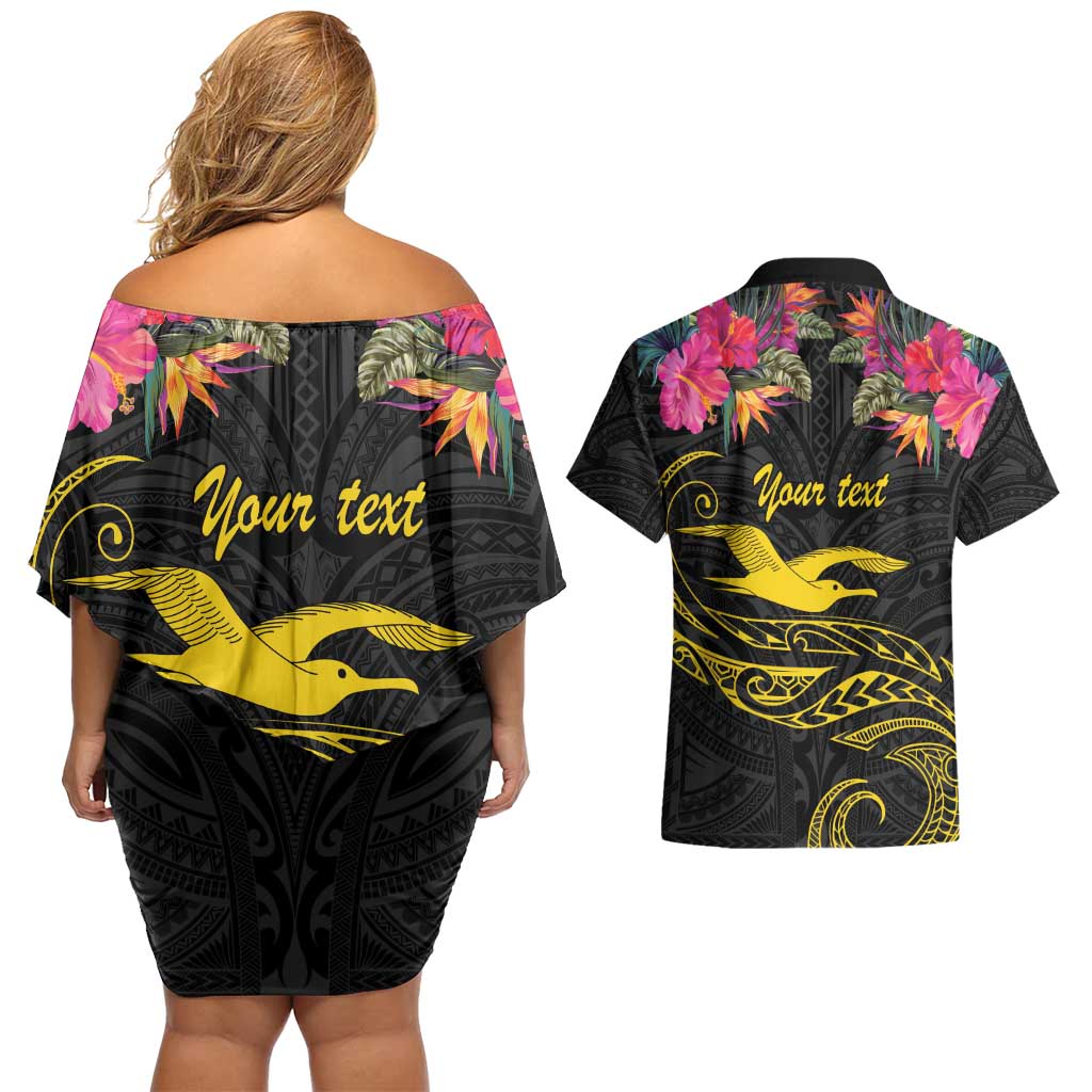 Kiribati Independence Day Personalised Couples Matching Off Shoulder Short Dress and Hawaiian Shirt Gold Frigatebird with Polynesian Pattern