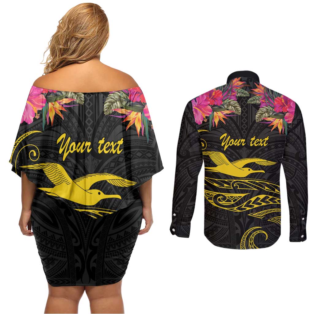 Kiribati Independence Day Personalised Couples Matching Off Shoulder Short Dress and Long Sleeve Button Shirt Gold Frigatebird with Polynesian Pattern