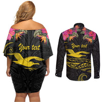 Kiribati Independence Day Personalised Couples Matching Off Shoulder Short Dress and Long Sleeve Button Shirt Gold Frigatebird with Polynesian Pattern