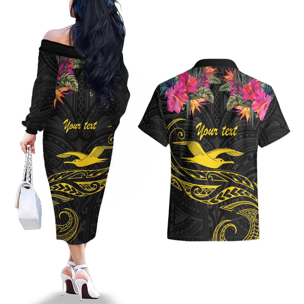 Kiribati Independence Day Personalised Couples Matching Off The Shoulder Long Sleeve Dress and Hawaiian Shirt Gold Frigatebird with Polynesian Pattern