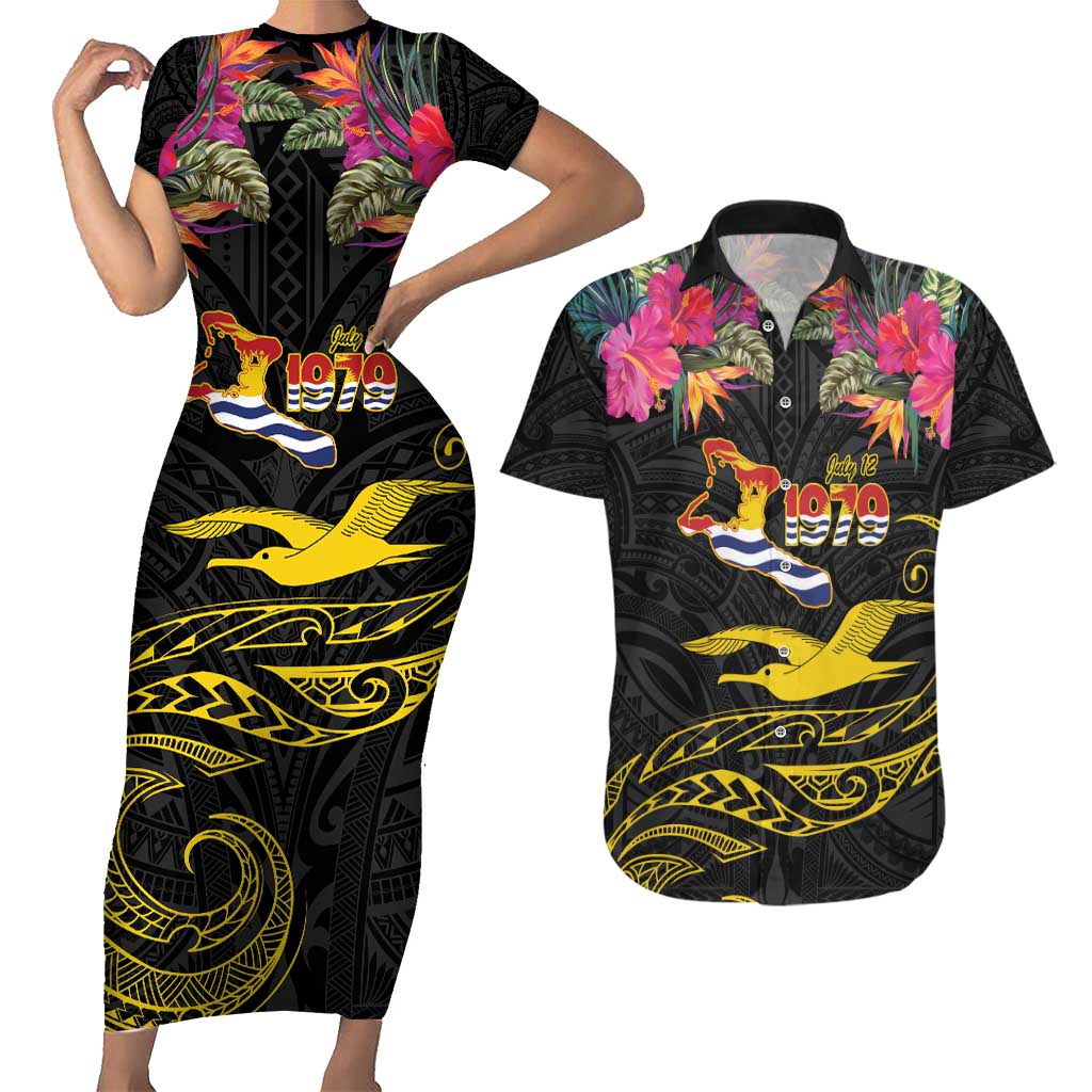 Kiribati Independence Day Personalised Couples Matching Short Sleeve Bodycon Dress and Hawaiian Shirt Gold Frigatebird with Polynesian Pattern