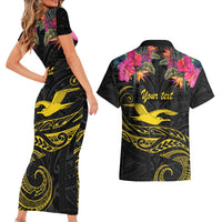 Kiribati Independence Day Personalised Couples Matching Short Sleeve Bodycon Dress and Hawaiian Shirt Gold Frigatebird with Polynesian Pattern