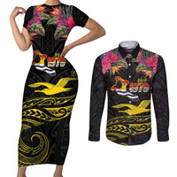 Kiribati Independence Day Personalised Couples Matching Short Sleeve Bodycon Dress and Long Sleeve Button Shirt Gold Frigatebird with Polynesian Pattern