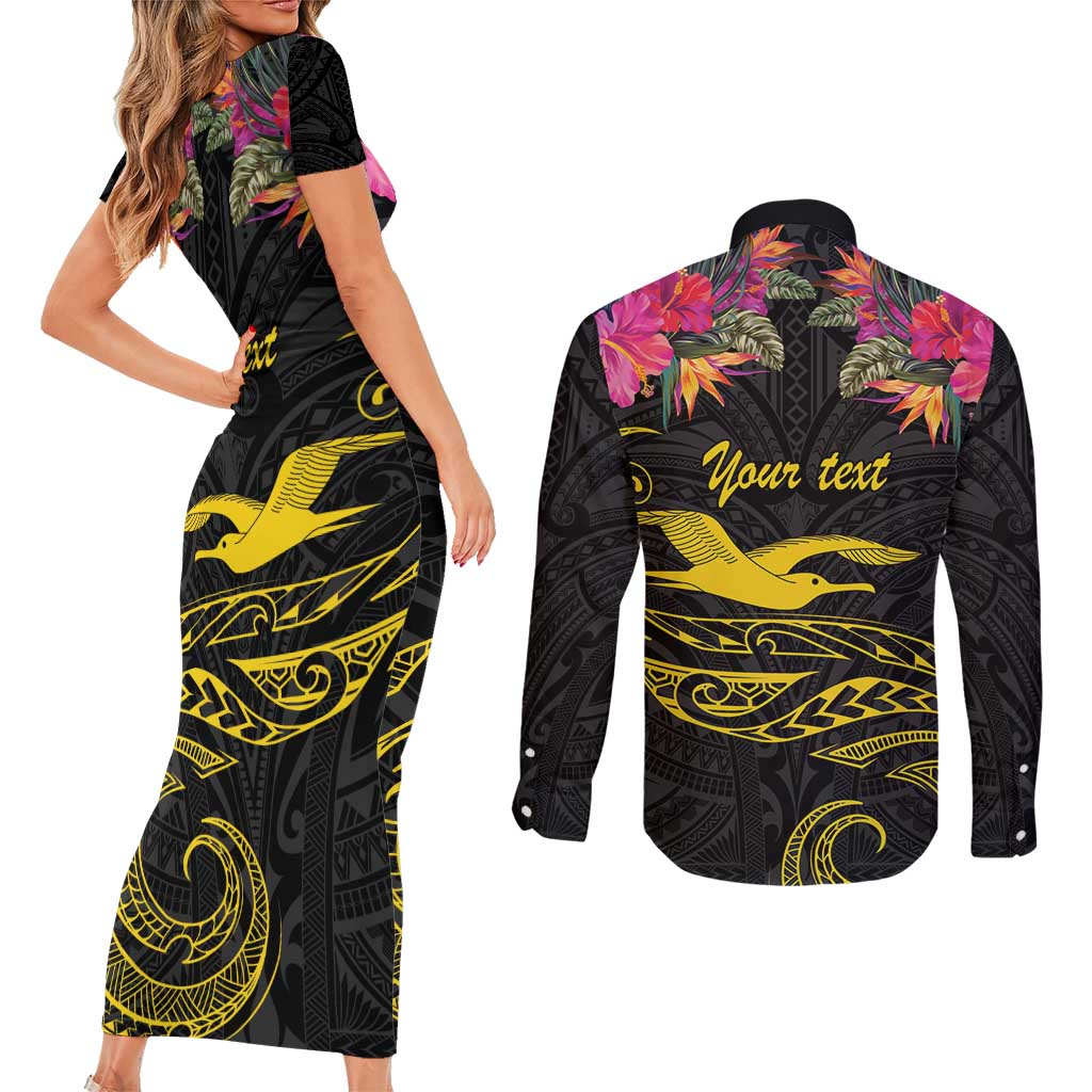 Kiribati Independence Day Personalised Couples Matching Short Sleeve Bodycon Dress and Long Sleeve Button Shirt Gold Frigatebird with Polynesian Pattern