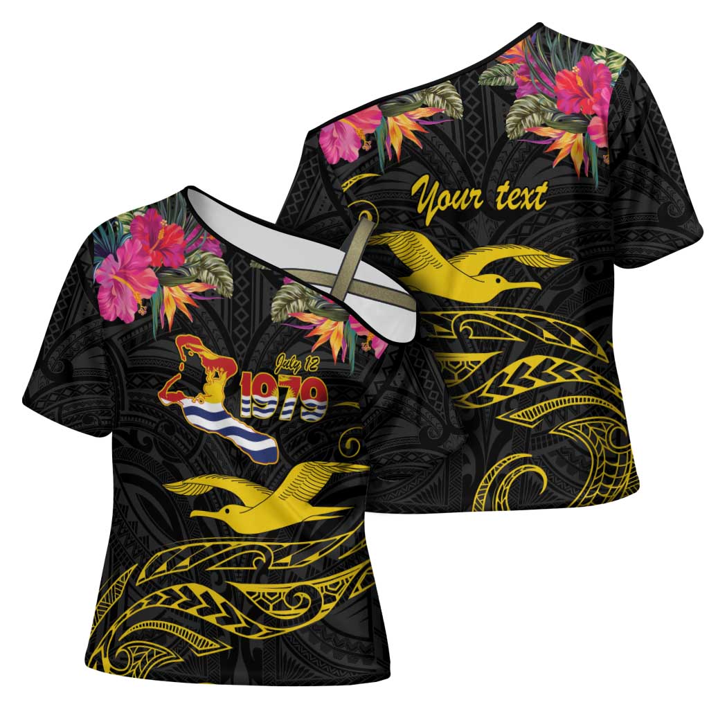 Kiribati Independence Day Personalised Cross Shoulder Shirt Gold Frigatebird with Polynesian Pattern - Polynesian Pride