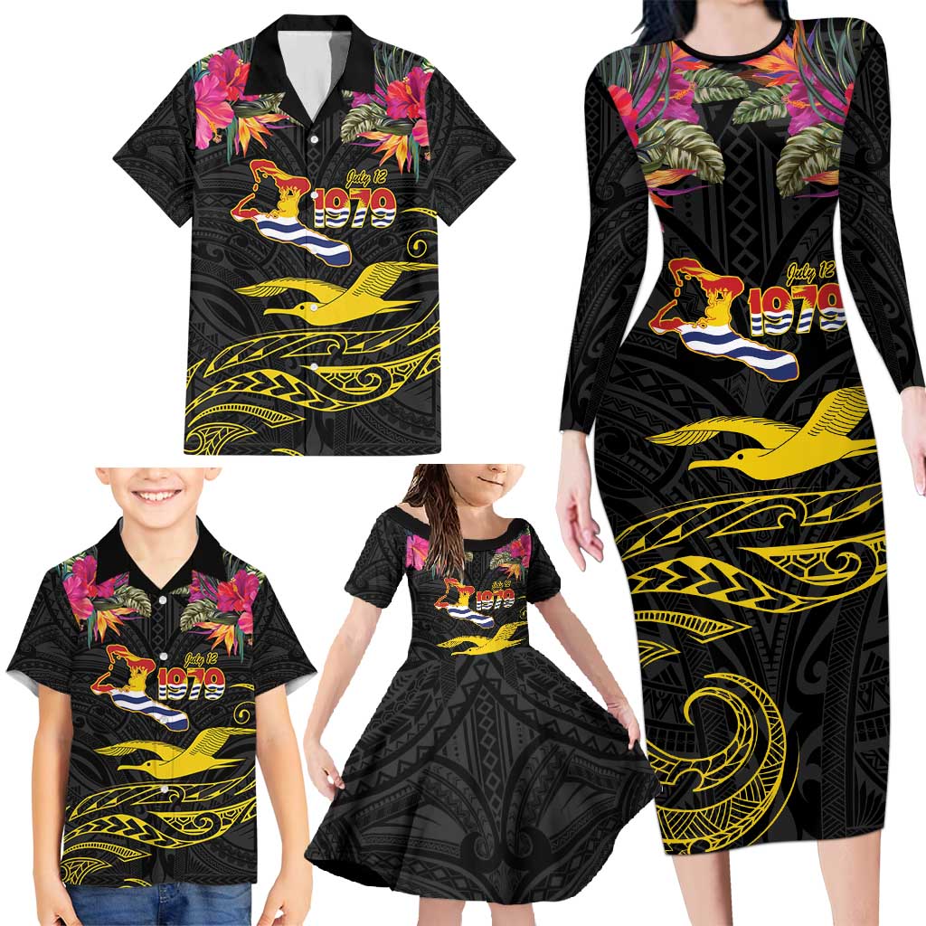 Kiribati Independence Day Personalised Family Matching Long Sleeve Bodycon Dress and Hawaiian Shirt Gold Frigatebird with Polynesian Pattern