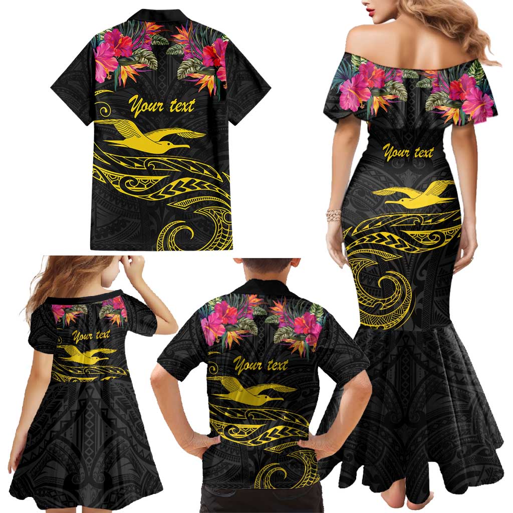 Kiribati Independence Day Personalised Family Matching Mermaid Dress and Hawaiian Shirt Gold Frigatebird with Polynesian Pattern