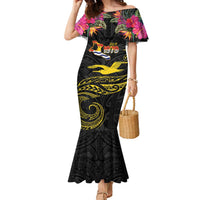 Kiribati Independence Day Personalised Family Matching Mermaid Dress and Hawaiian Shirt Gold Frigatebird with Polynesian Pattern