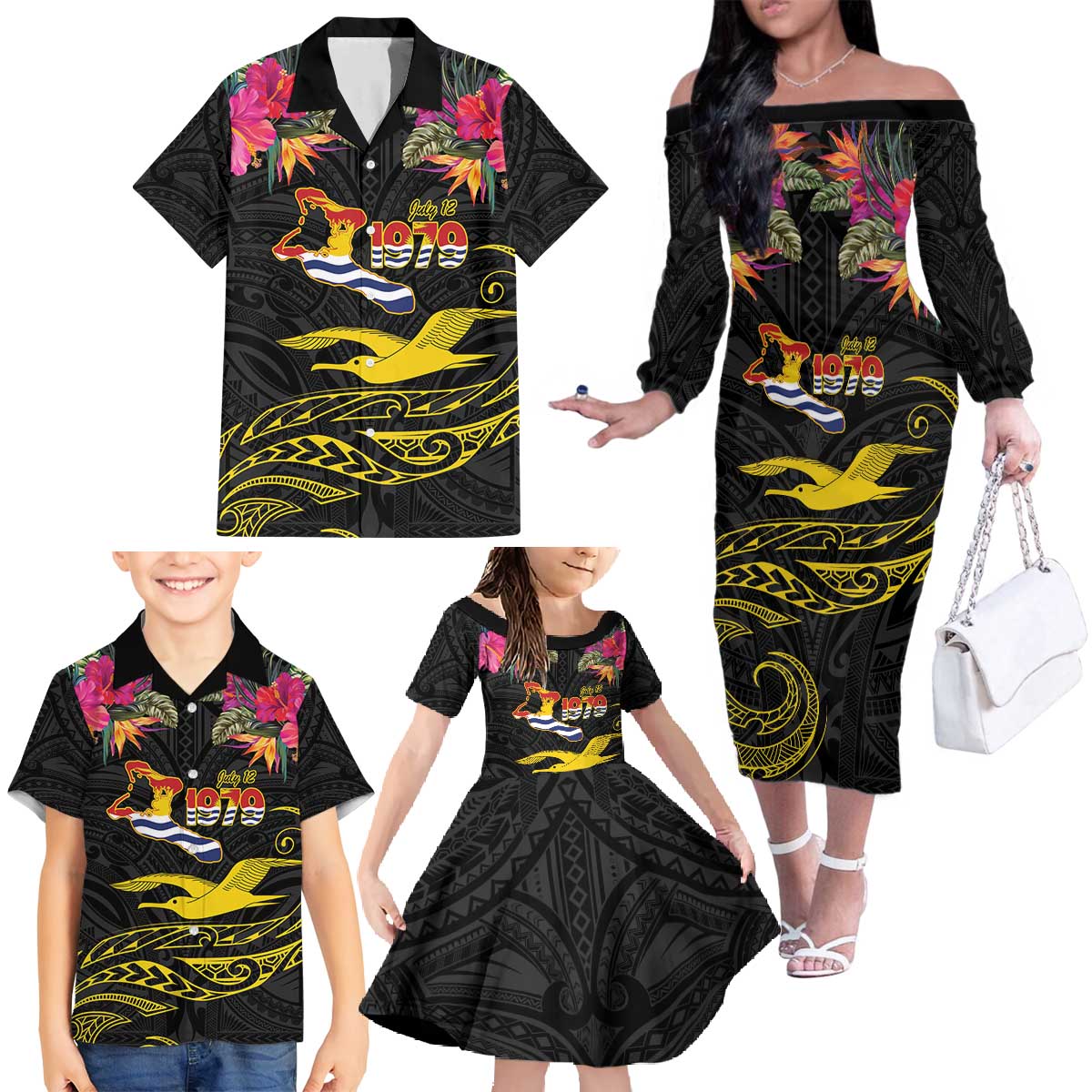 Kiribati Independence Day Personalised Family Matching Off The Shoulder Long Sleeve Dress and Hawaiian Shirt Gold Frigatebird with Polynesian Pattern