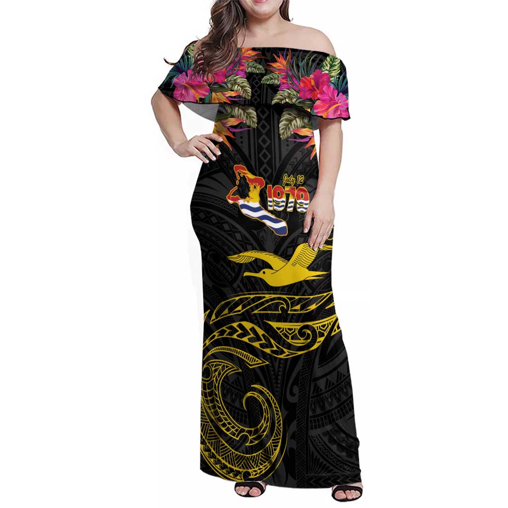 Kiribati Independence Day Personalised Family Matching Off Shoulder Maxi Dress and Hawaiian Shirt Gold Frigatebird with Polynesian Pattern