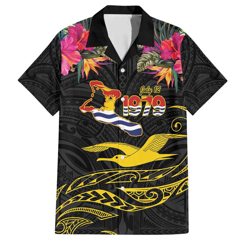 Kiribati Independence Day Personalised Family Matching Off Shoulder Short Dress and Hawaiian Shirt Gold Frigatebird with Polynesian Pattern