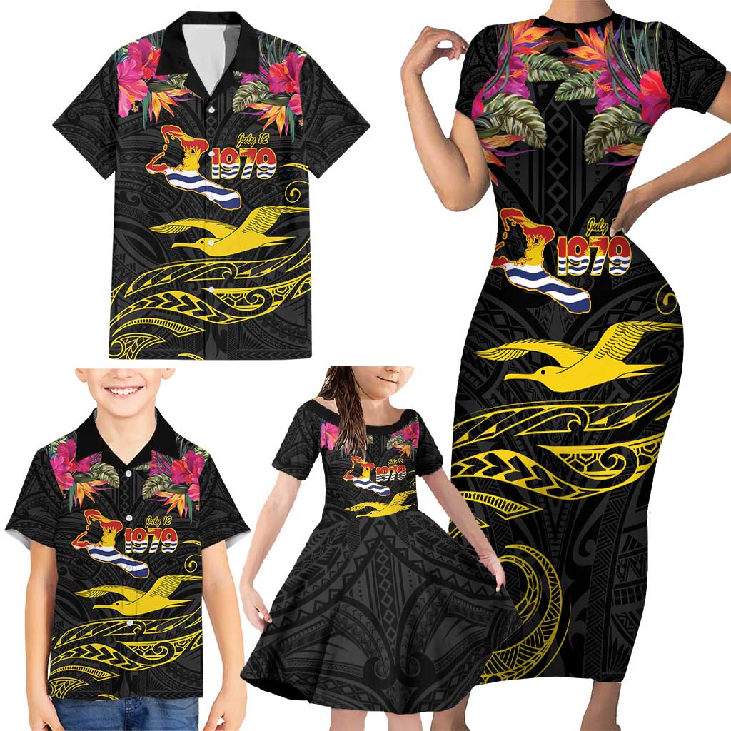 Kiribati Independence Day Personalised Family Matching Short Sleeve Bodycon Dress and Hawaiian Shirt Gold Frigatebird with Polynesian Pattern