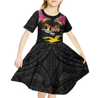 Kiribati Independence Day Personalised Kid Short Sleeve Dress Gold Frigatebird with Polynesian Pattern