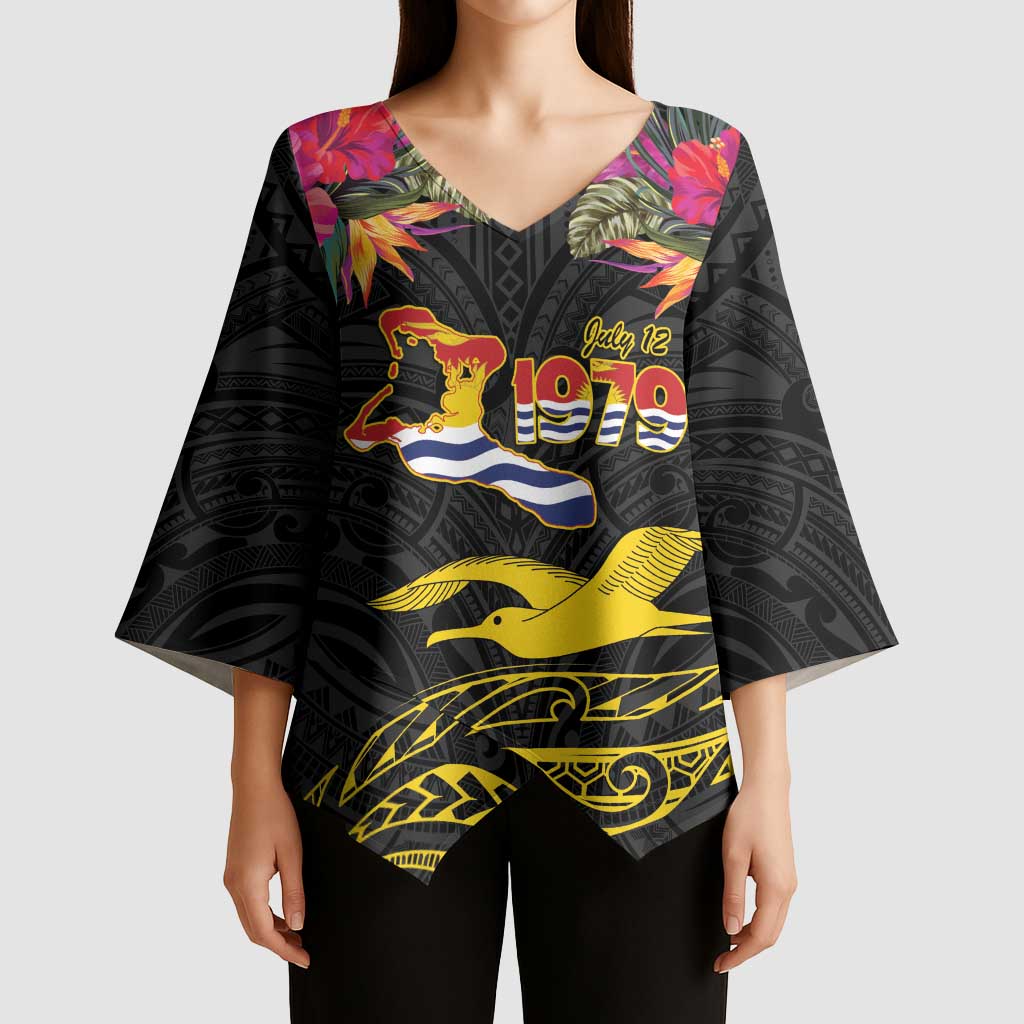 Kiribati Independence Day Personalised Kimono Sleeve Blouse Gold Frigatebird with Polynesian Pattern - Polynesian Pride