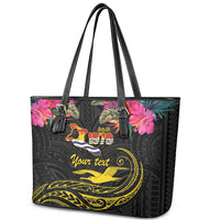 Kiribati Independence Day Personalised Leather Tote Bag Gold Frigatebird with Polynesian Pattern