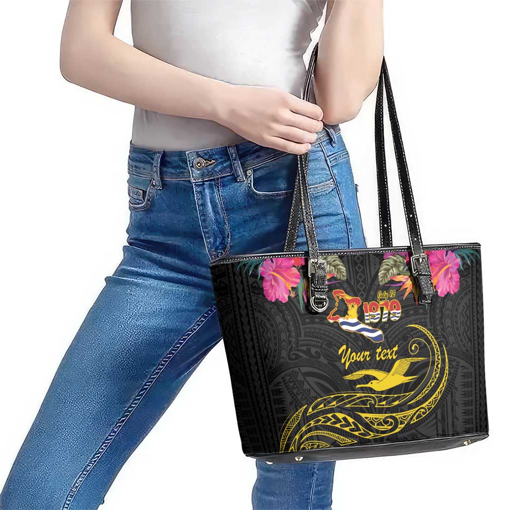 Kiribati Independence Day Personalised Leather Tote Bag Gold Frigatebird with Polynesian Pattern