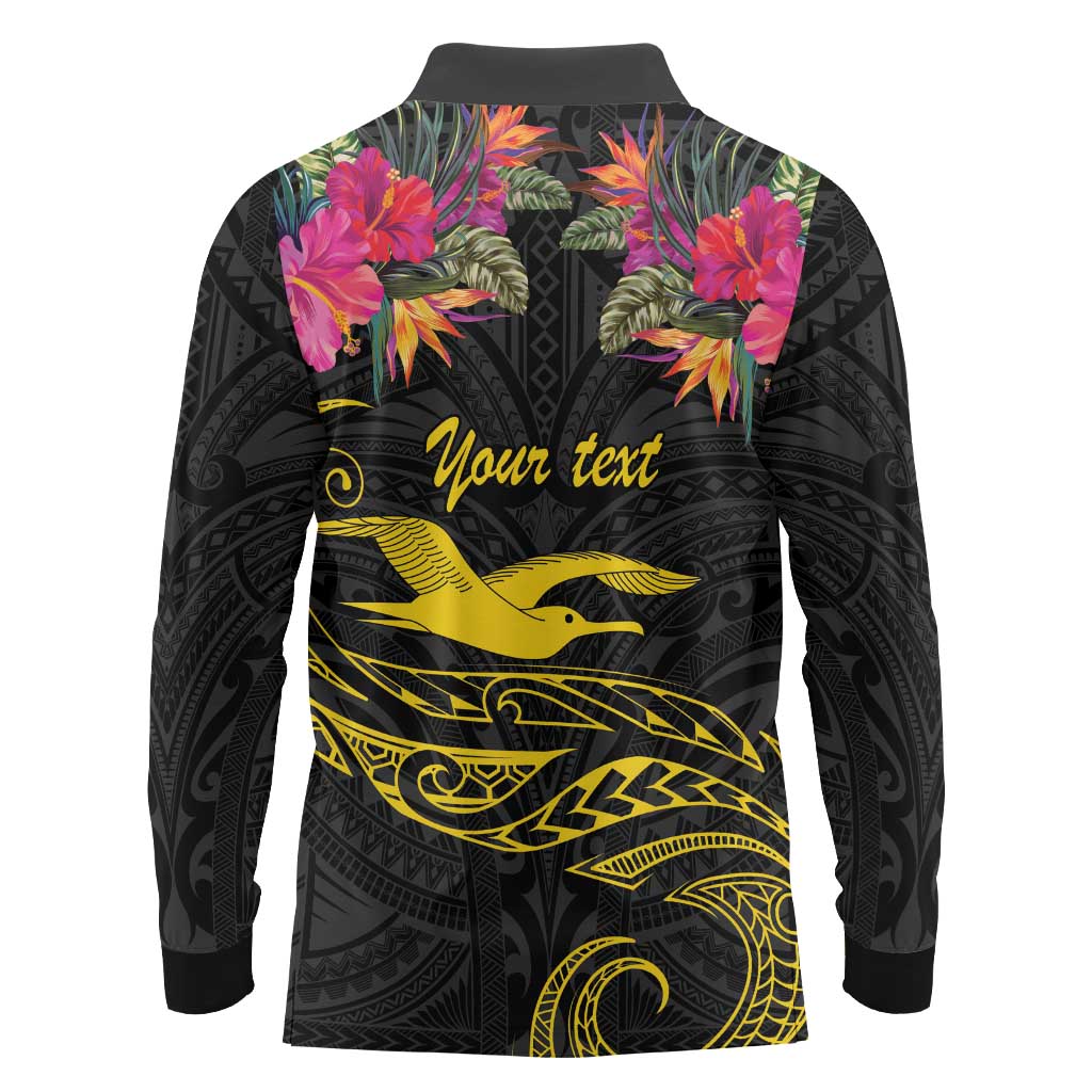Kiribati Independence Day Personalised Long Sleeve Polo Shirt Gold Frigatebird with Polynesian Pattern