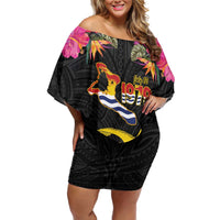 Kiribati Independence Day Personalised Off Shoulder Short Dress Gold Frigatebird with Polynesian Pattern