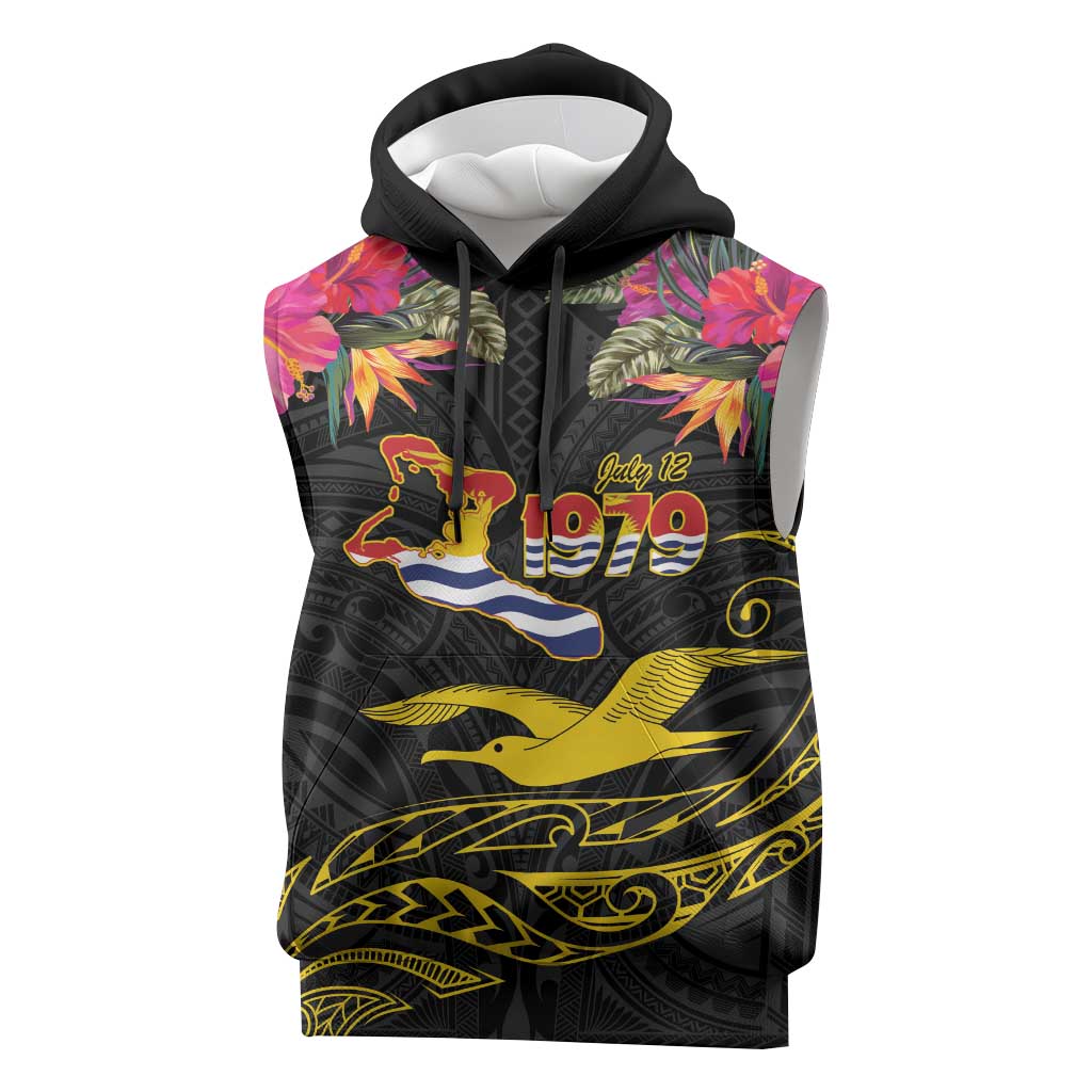 Kiribati Independence Day Personalised Sleeveless Hoodie Gold Frigatebird with Polynesian Pattern - Polynesian Pride