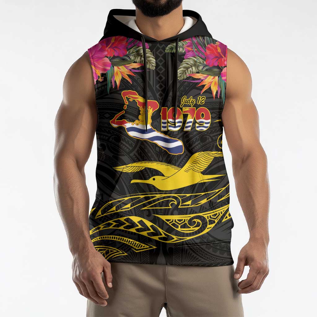 Kiribati Independence Day Personalised Sleeveless Hoodie Gold Frigatebird with Polynesian Pattern - Polynesian Pride