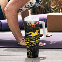Kiribati Independence Day Personalised Tumbler With Handle Gold Frigatebird with Polynesian Pattern