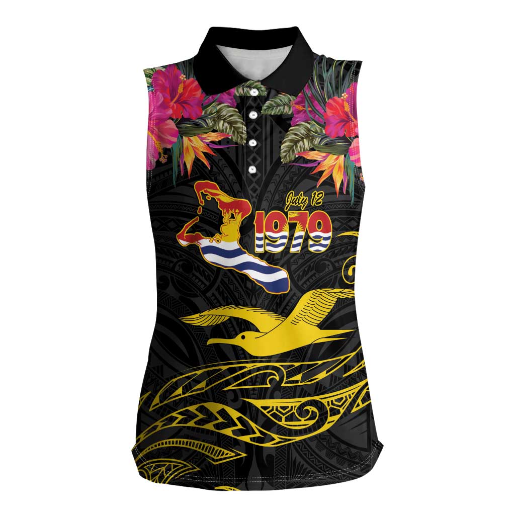 Kiribati Independence Day Personalised Women Sleeveless Polo Shirt Gold Frigatebird with Polynesian Pattern