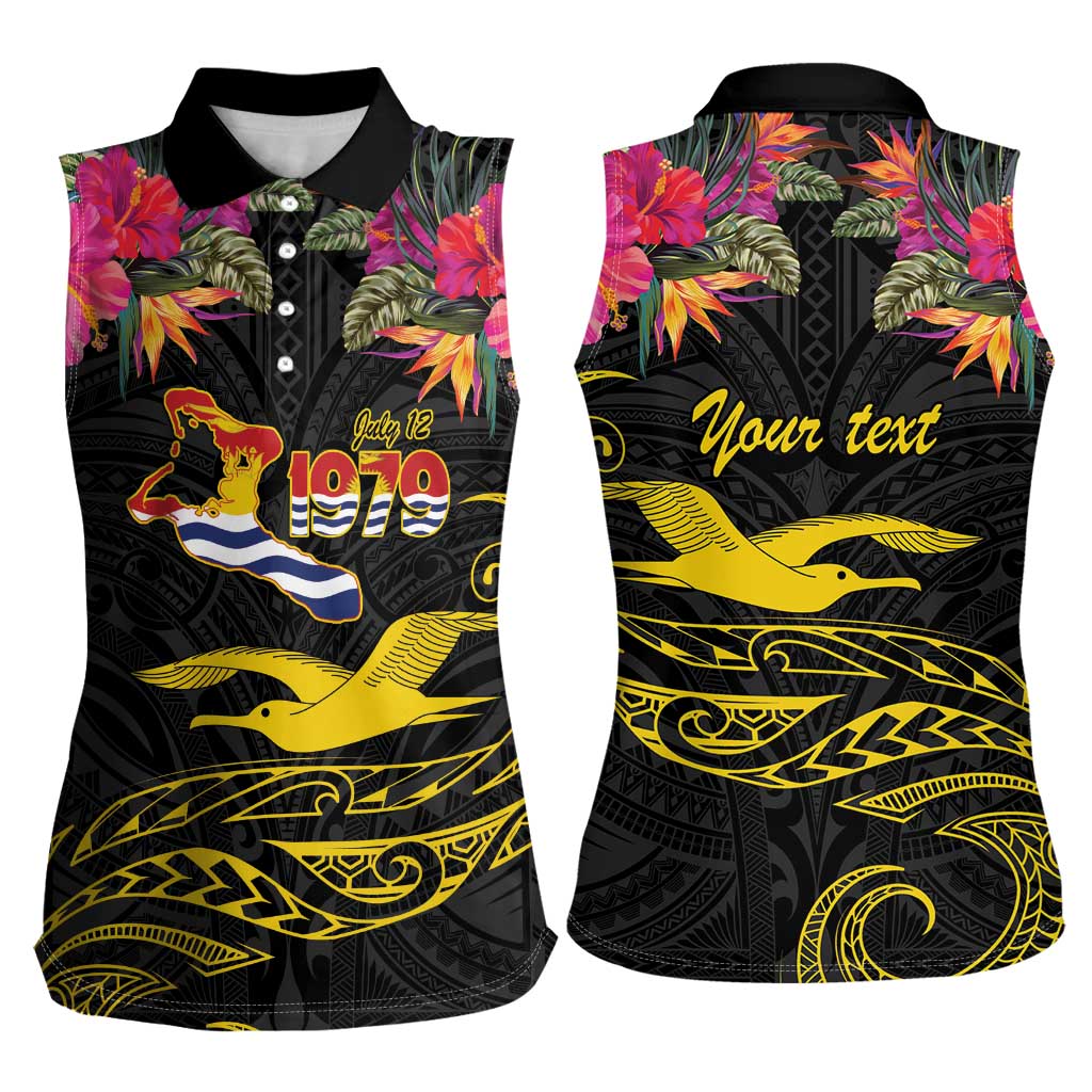 Kiribati Independence Day Personalised Women Sleeveless Polo Shirt Gold Frigatebird with Polynesian Pattern