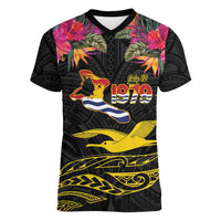 Kiribati Independence Day Personalised Women V-Neck T-Shirt Gold Frigatebird with Polynesian Pattern