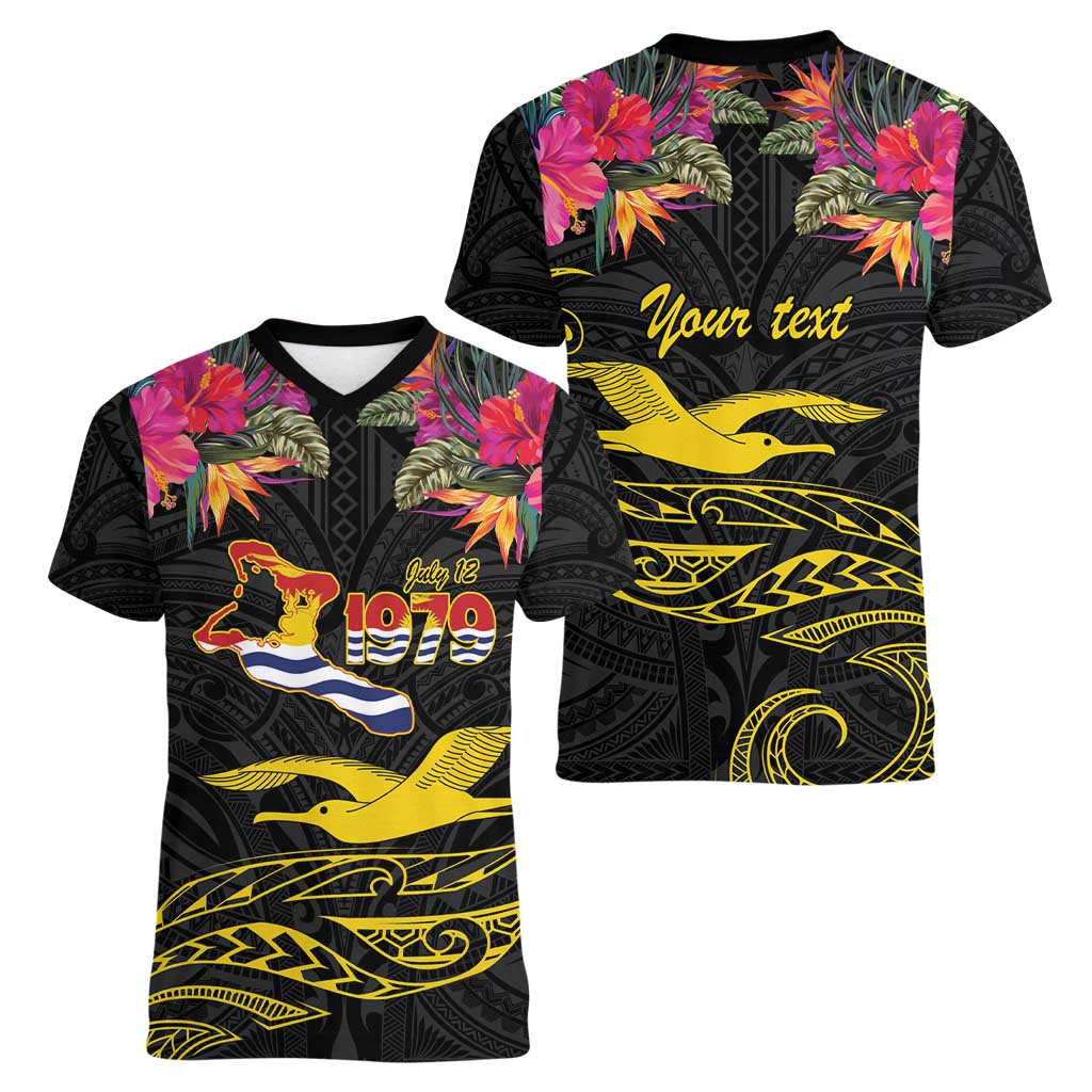 Kiribati Independence Day Personalised Women V-Neck T-Shirt Gold Frigatebird with Polynesian Pattern