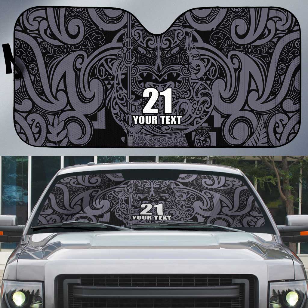 Custom New Zealand Taiaha Maori Auto Sun Shade Minimalist Silver Fern All Black - Polynesian Pride