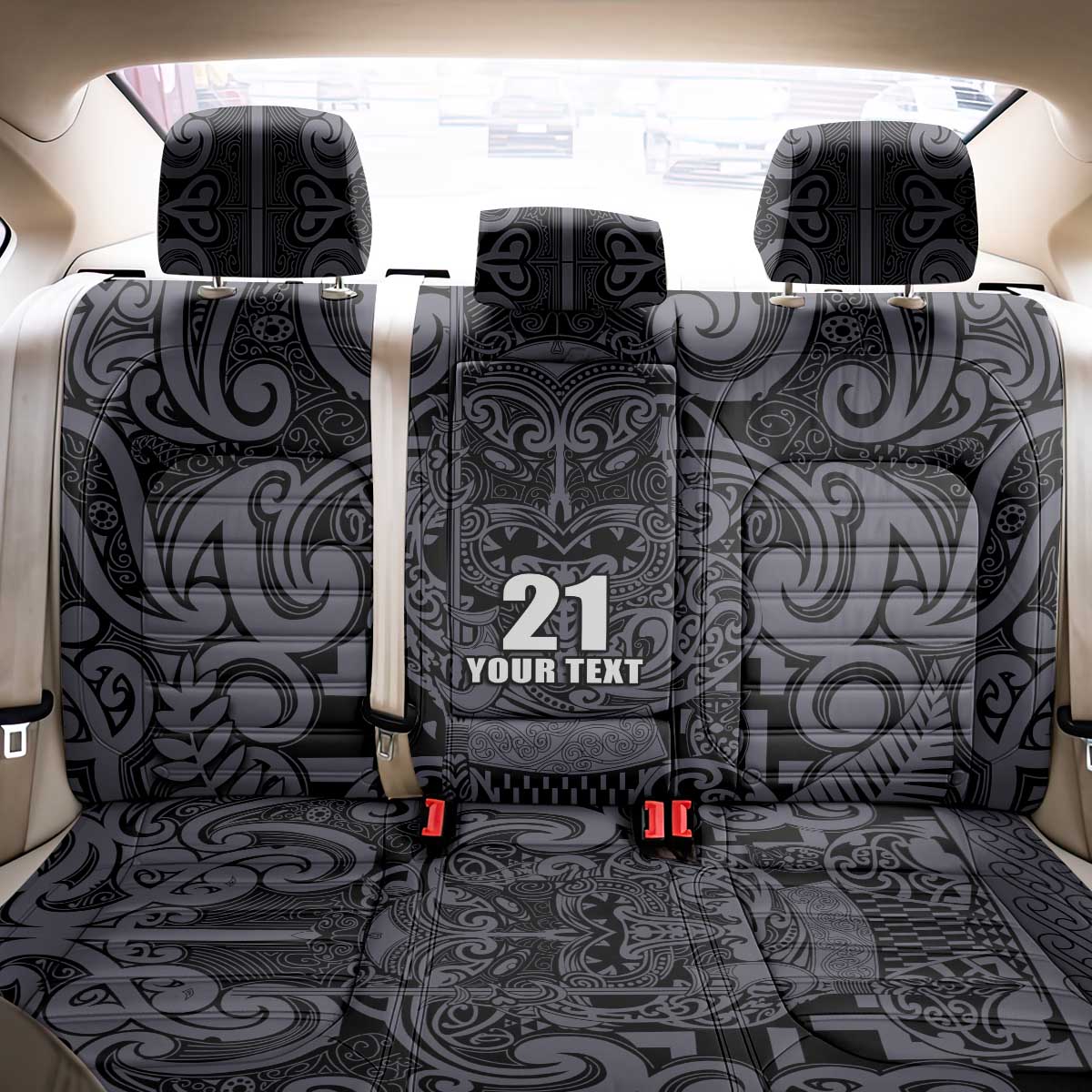 Custom New Zealand Taiaha Maori Back Car Seat Cover Minimalist Silver Fern All Black - Polynesian Pride
