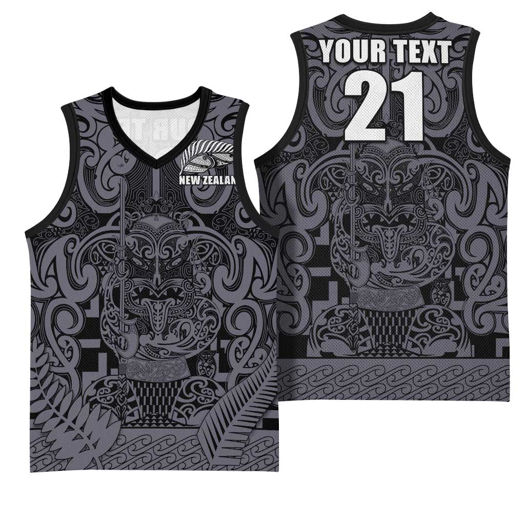 Custom New Zealand Taiaha Maori Basketball Jersey Minimalist Silver Fern All Black - Polynesian Pride