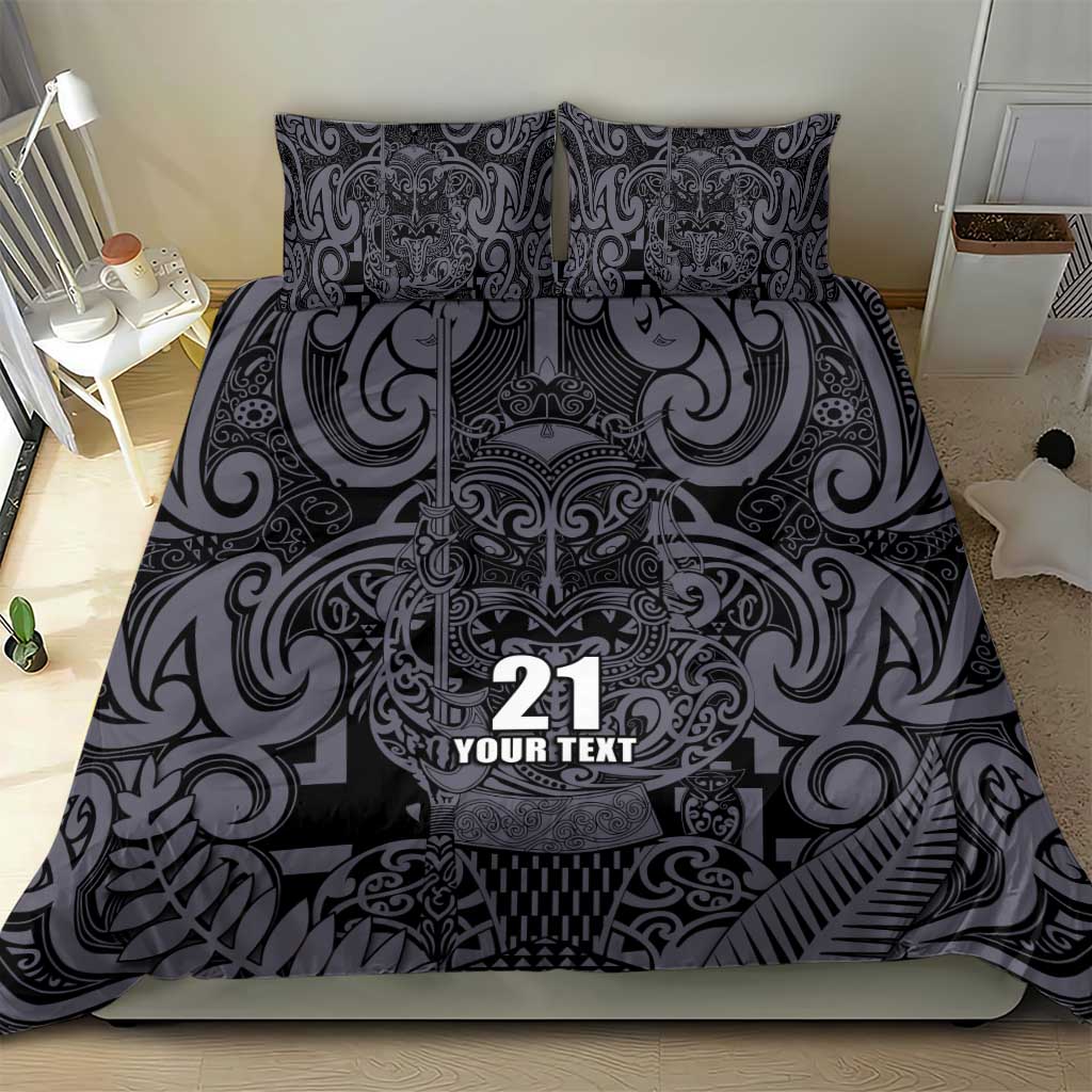 Custom New Zealand Taiaha Maori Bedding Set Minimalist Silver Fern All Black - Polynesian Pride