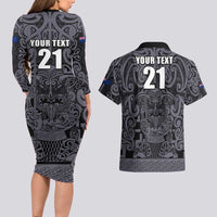 Custom New Zealand Taiaha Maori Couples Matching Long Sleeve Bodycon Dress and Hawaiian Shirt Minimalist Silver Fern All Black - Polynesian Pride