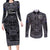 Custom New Zealand Taiaha Maori Couples Matching Long Sleeve Bodycon Dress and Long Sleeve Button Shirt Minimalist Silver Fern All Black - Polynesian Pride