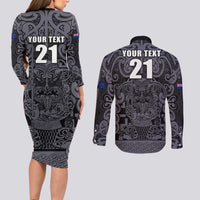 Custom New Zealand Taiaha Maori Couples Matching Long Sleeve Bodycon Dress and Long Sleeve Button Shirt Minimalist Silver Fern All Black - Polynesian Pride