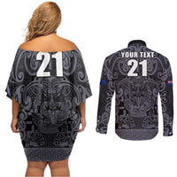 Custom New Zealand Taiaha Maori Couples Matching Off Shoulder Short Dress and Long Sleeve Button Shirt Minimalist Silver Fern All Black - Polynesian Pride