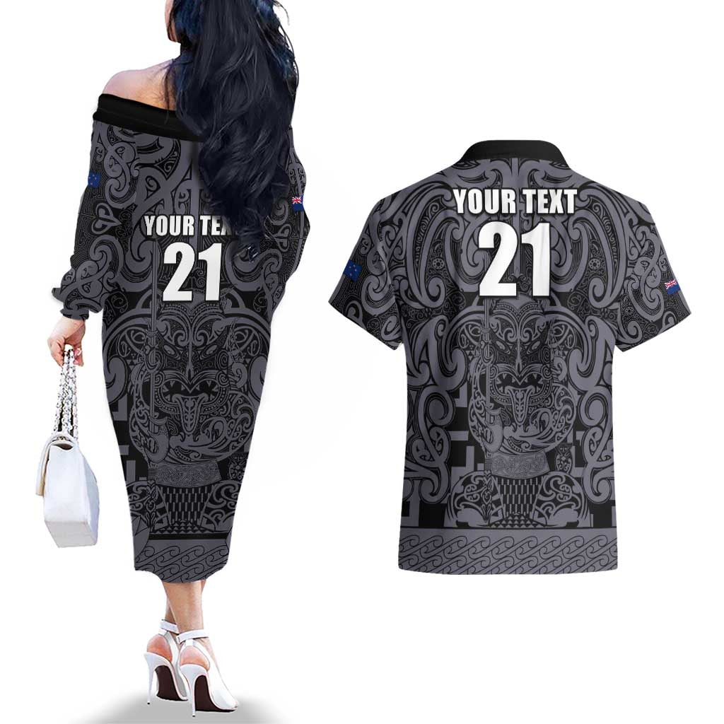 Custom New Zealand Taiaha Maori Couples Matching Off The Shoulder Long Sleeve Dress and Hawaiian Shirt Minimalist Silver Fern All Black - Polynesian Pride